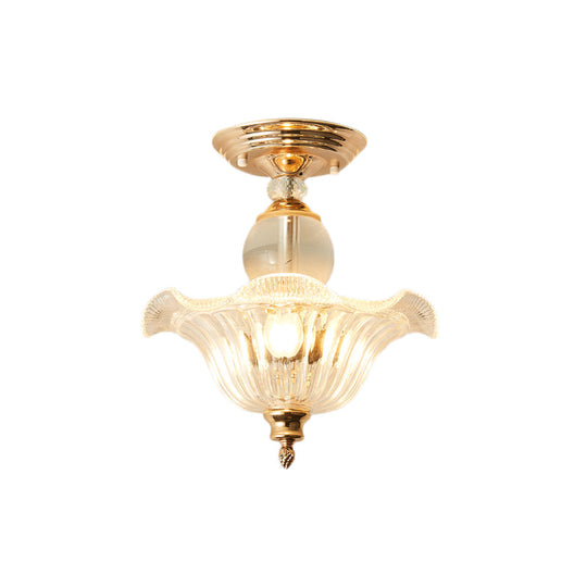 Modern Ribbed Glass Semi Flush Mount Light In Black/Gold - 12’/16’ Diameter 1 Crystal Ceiling Lamp