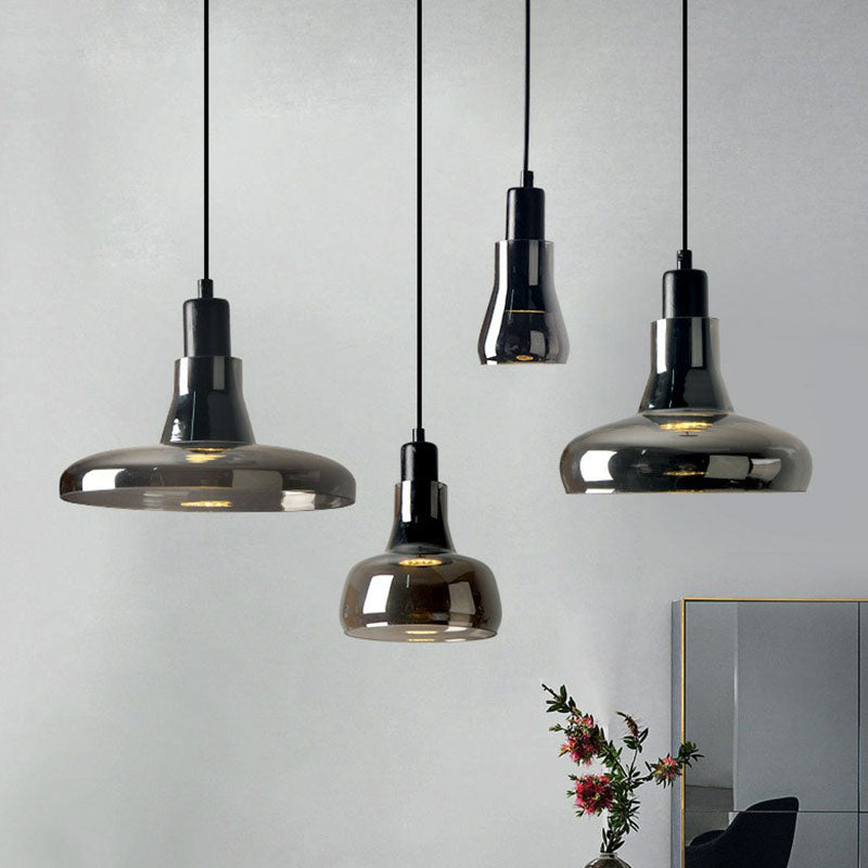 Contemporary Black Smoke Grey Glass Pot Lid Pendant Light For Dining Room Ceiling Lighting