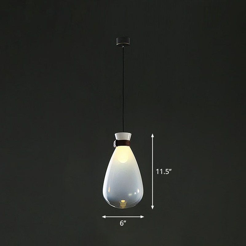 Minimalist Raindrop Glass Hanging Light With Leather Strap 1-Light Suspended Lighting Fixture White