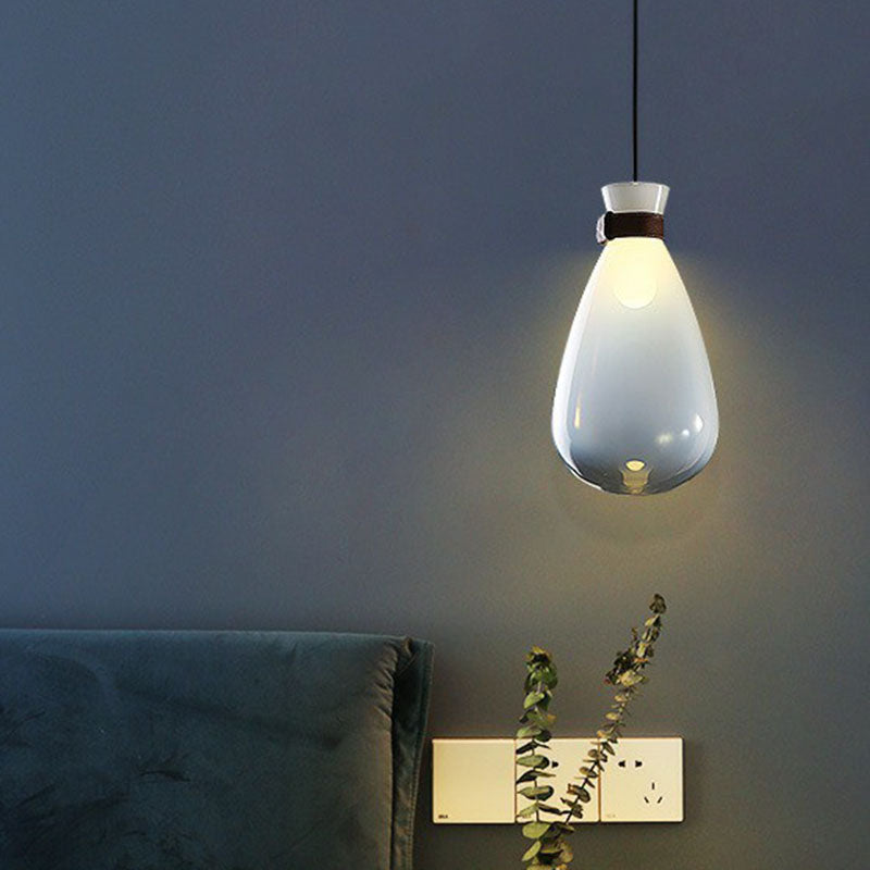 Minimalist Raindrop Glass Hanging Light With Leather Strap - 1-Light Suspended Lighting Fixture