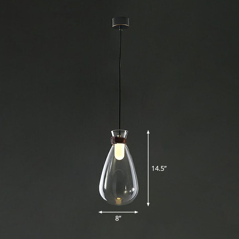 Minimalist Raindrop Glass Hanging Light With Leather Strap - 1-Light Suspended Lighting Fixture