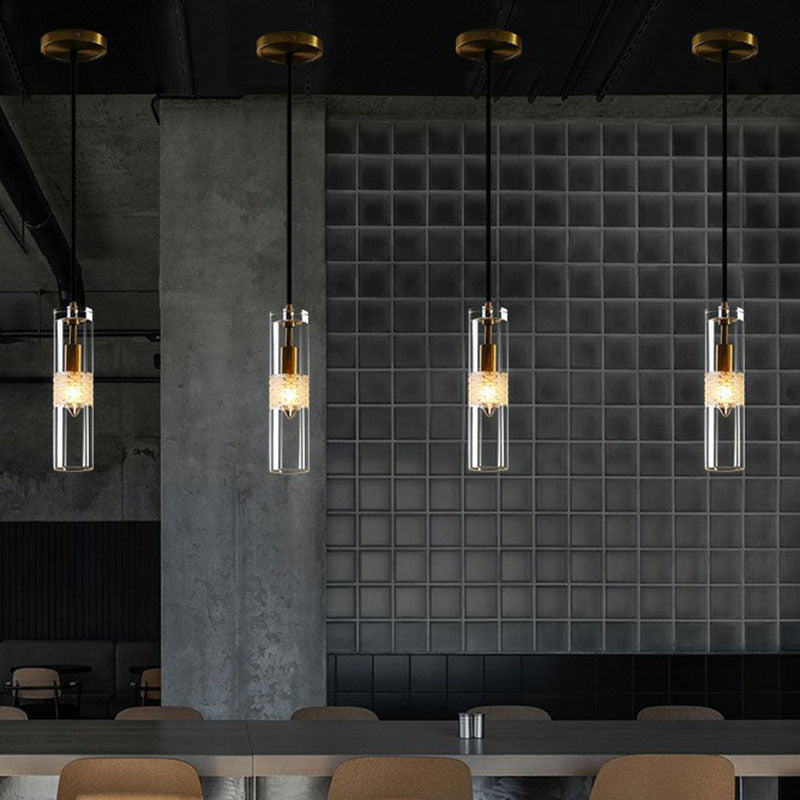 Black Crystal Pendant Dining Room Downlight - Simple Tubular Hanging Lamp