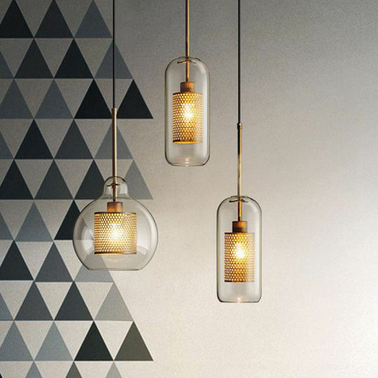 Modern Glass Pendant Lamp With Geometric Design And Mesh Guard