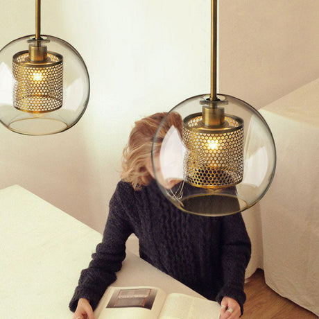 Clear Glass Geometric Pendant Lamp With Mesh Guard - Postmodern Design