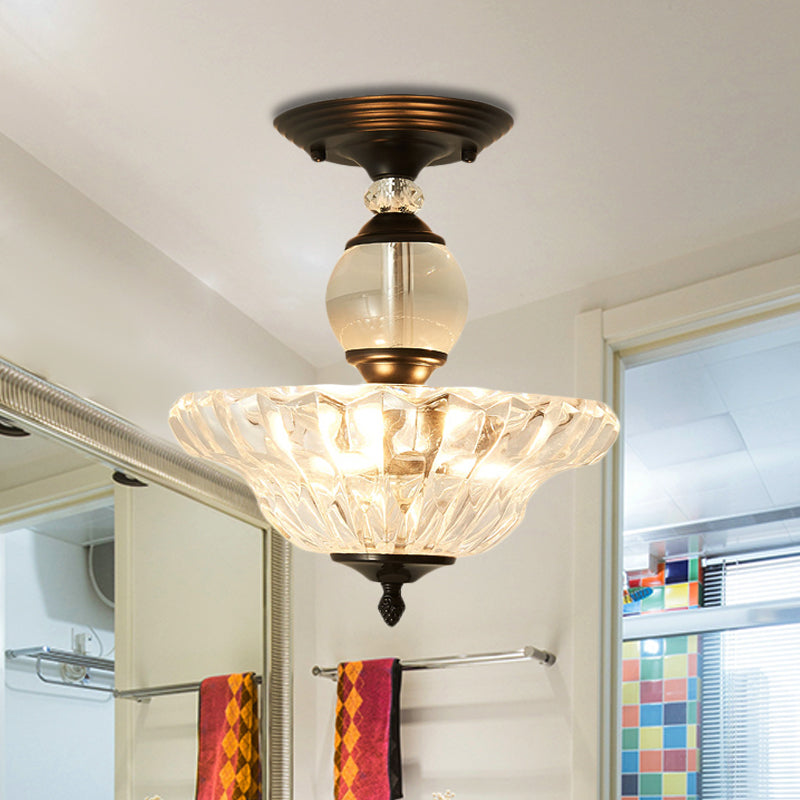 Modern Ribbed Glass Semi Flush Mount Light In Black/Gold - 12’/16’ Diameter 1 Crystal Ceiling Lamp