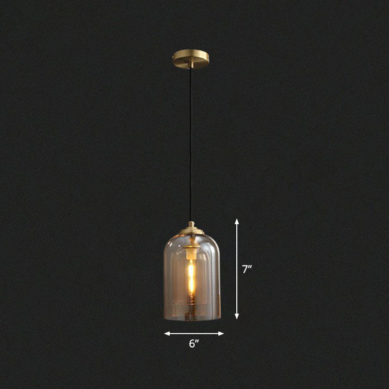 Postmodern Bedroom Hanging Lamp With Double Cloche Glass Shade - 1 Bulb Ceiling Light Cognac