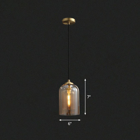 Postmodern Bedroom Hanging Lamp With Double Cloche Glass Shade - 1 Bulb Ceiling Light Cognac