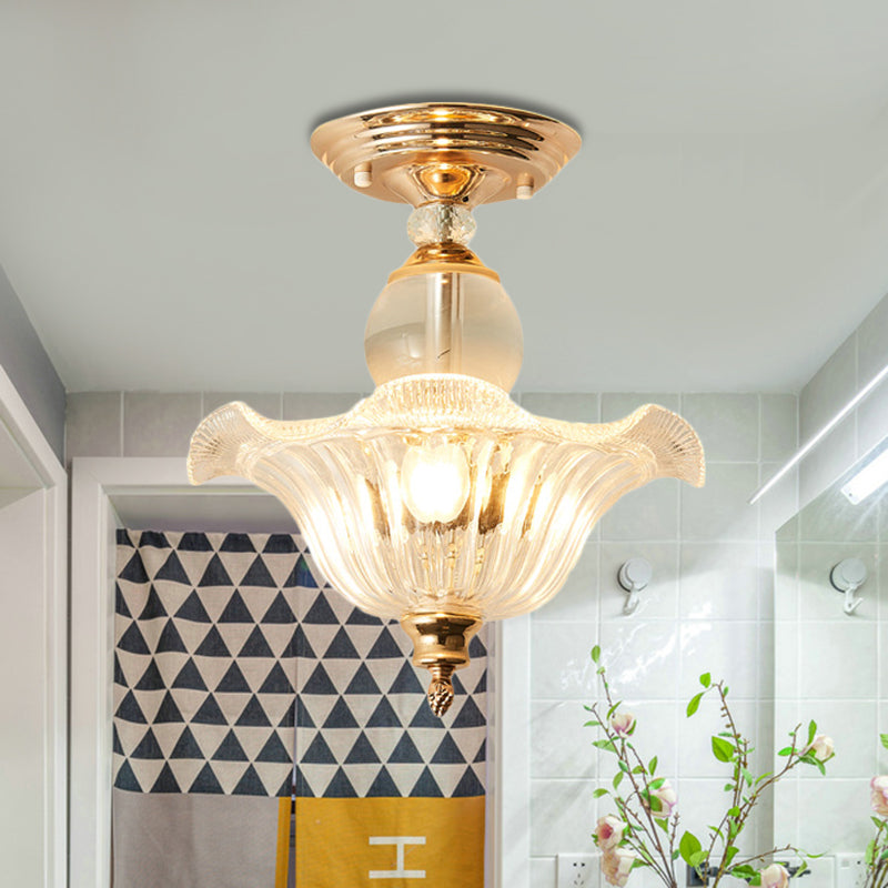 Modern Ribbed Glass Semi Flush Mount Light In Black/Gold - 12’/16’ Diameter 1 Crystal Ceiling