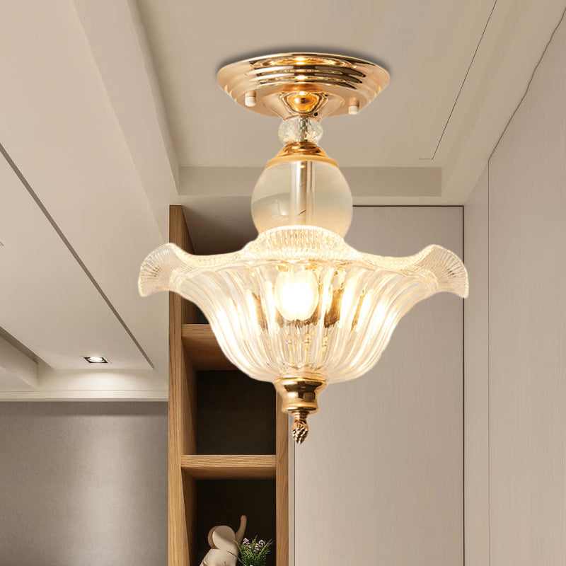 Modern Ribbed Glass Semi Flush Mount Light In Black/Gold - 12’/16’ Diameter 1 Crystal Ceiling Lamp