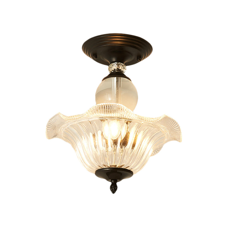 Modern Ribbed Glass Semi Flush Mount Light In Black/Gold - 12’/16’ Diameter 1 Crystal Ceiling Lamp