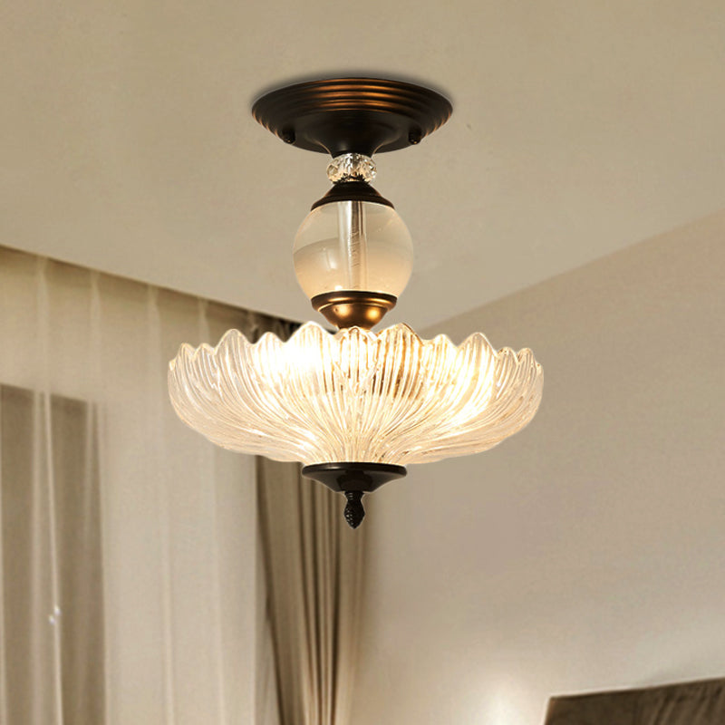 Modern Ribbed Glass Semi Flush Mount Light In Black/Gold - 12’/16’ Diameter 1 Crystal Ceiling