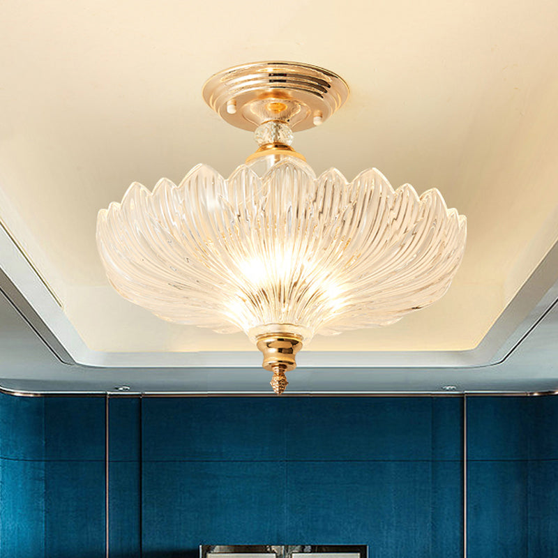 Modern Ribbed Glass Semi Flush Mount Light In Black/Gold - 12’/16’ Diameter 1 Crystal Ceiling Lamp