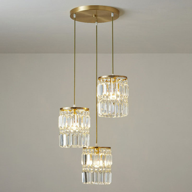 Postmodern Gold Pendant Lamp With 3 Cylinder Crystal Prisms / Round