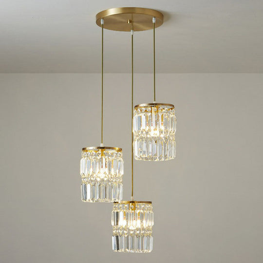 Postmodern 3-Head Gold Hanging Lamp Kit With Cylinder Crystal Prisms / Round