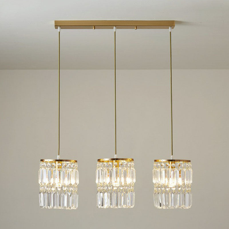 Postmodern Gold Pendant Lamp With 3 Cylinder Crystal Prisms / Linear