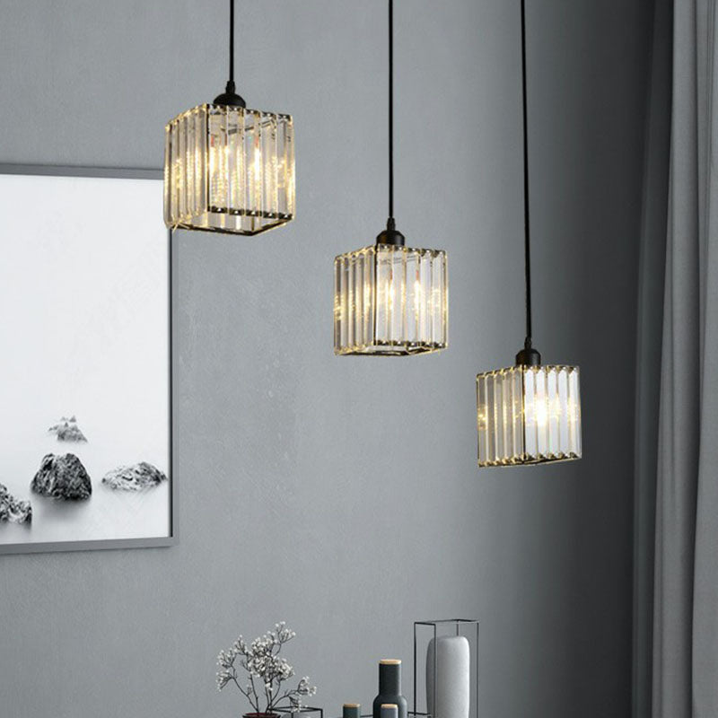 Postmodern Clear Crystal Block Pendant Light - 3-Light Hanging Fixture For Living Room Ceiling