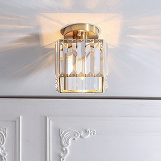 Golden Crystal Prism Semi Flush Mount Light For Foyer With Simple Style