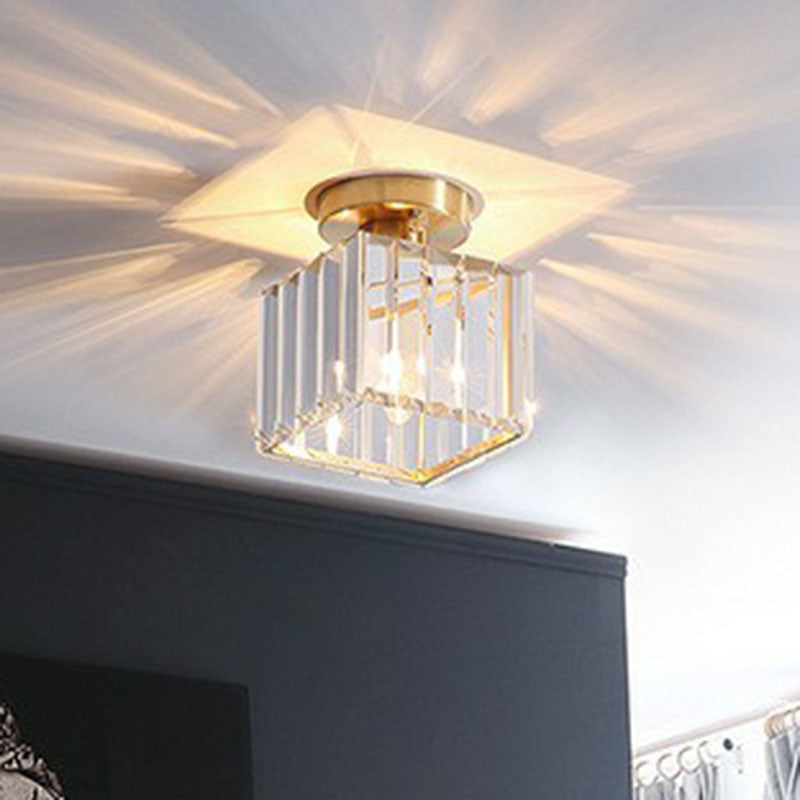 Golden Crystal Prism Semi Flush Mount Light For Foyer With Simple Style