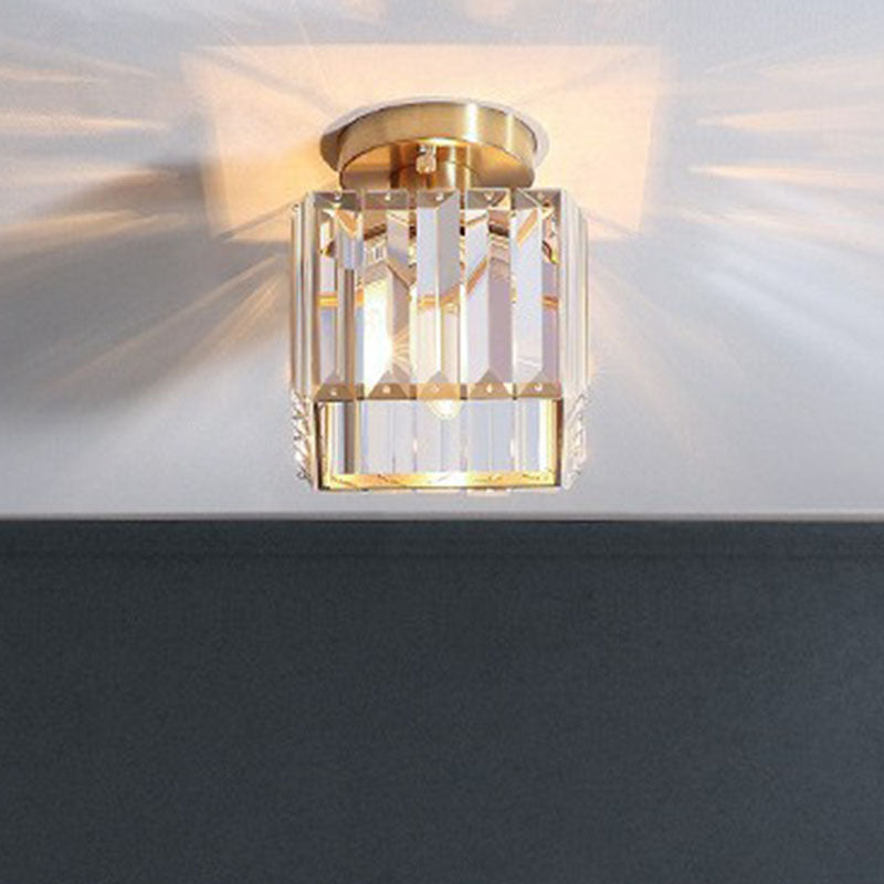 Golden Crystal Prism Semi Flush Mount Light For Foyer With Simple Style