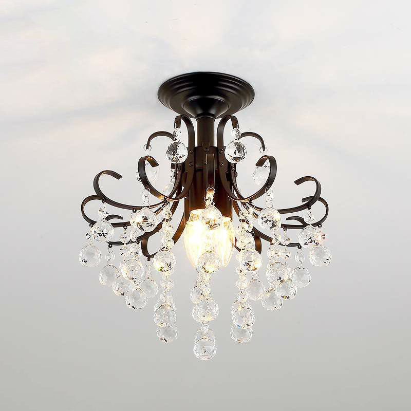 Classic Swirl Ceiling Flush Light With Crystal Ball - Single Metal Semi Mount Lighting