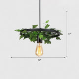 Rustic Metal Wagon Wheel Hanging Lamp With Ivy Decor For Restaurant Green Ceiling Light 1 /