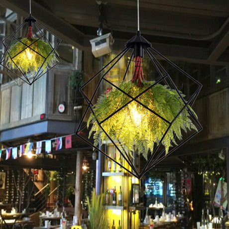 Vintage Green Caged Iron Plant Hanging Lamp - Single-Bulb Pendant For Restaurant Lighting
