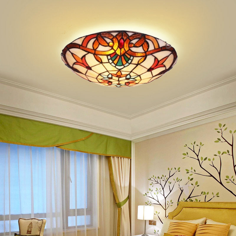 Antique Tiffany Glass Orange Led Flushmount Ceiling Light For Bedroom - Flower Flush Mount