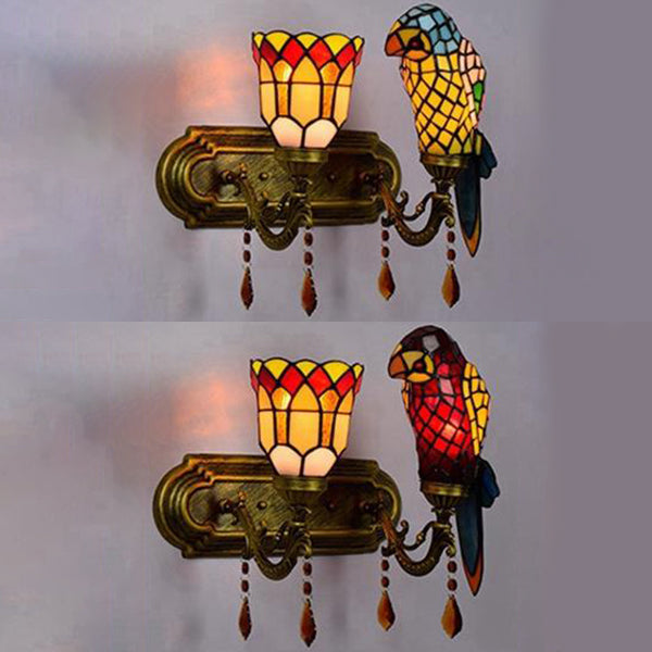 Parrot Wall Sconce: Lodge Style Stained Glass Lighting With Amber Crystal In Red/Blue
