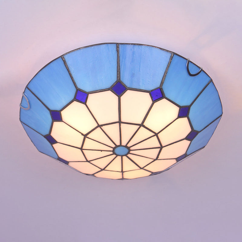 Tiffany Dome Shade Led Flush Mount Lighting For Bedroom - Gridded Glass Fixture Blue / 16’
