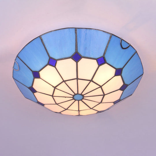 Tiffany Dome Shade Led Flush Mount Lighting For Bedroom - Gridded Glass Fixture Blue / 16’