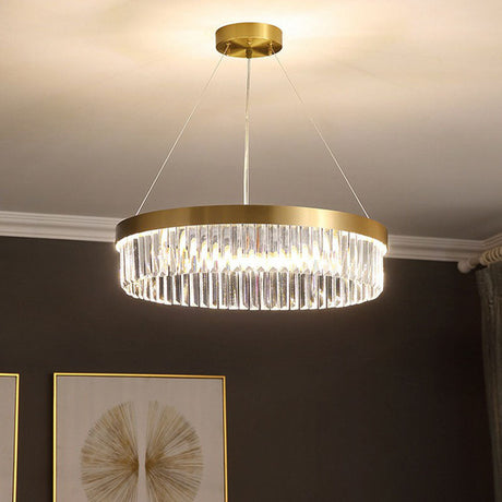 Modern Single Gold Chandelier Light - Circular Crystal Prism Suspension For Living Room