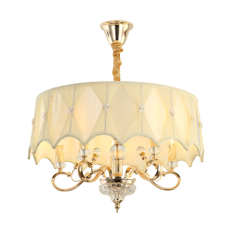 White Fabric Shaded 5-Light Round Chandelier Featuring Crystal Stands - Traditional Ceiling Light