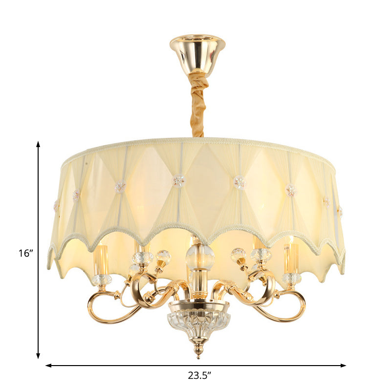 White Fabric Shaded 5-Light Round Chandelier Featuring Crystal Stands - Traditional Ceiling Light