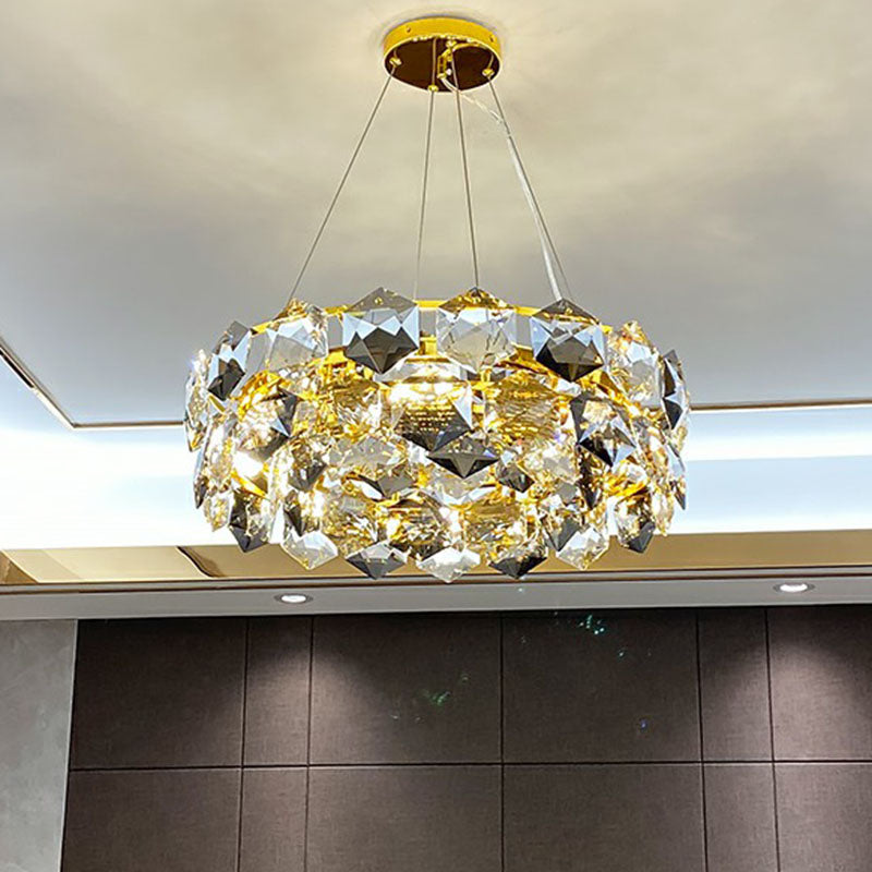Modern Round Gold Chandelier With Hexagonal-Crystal Suspension Light – Perfect For Living Room