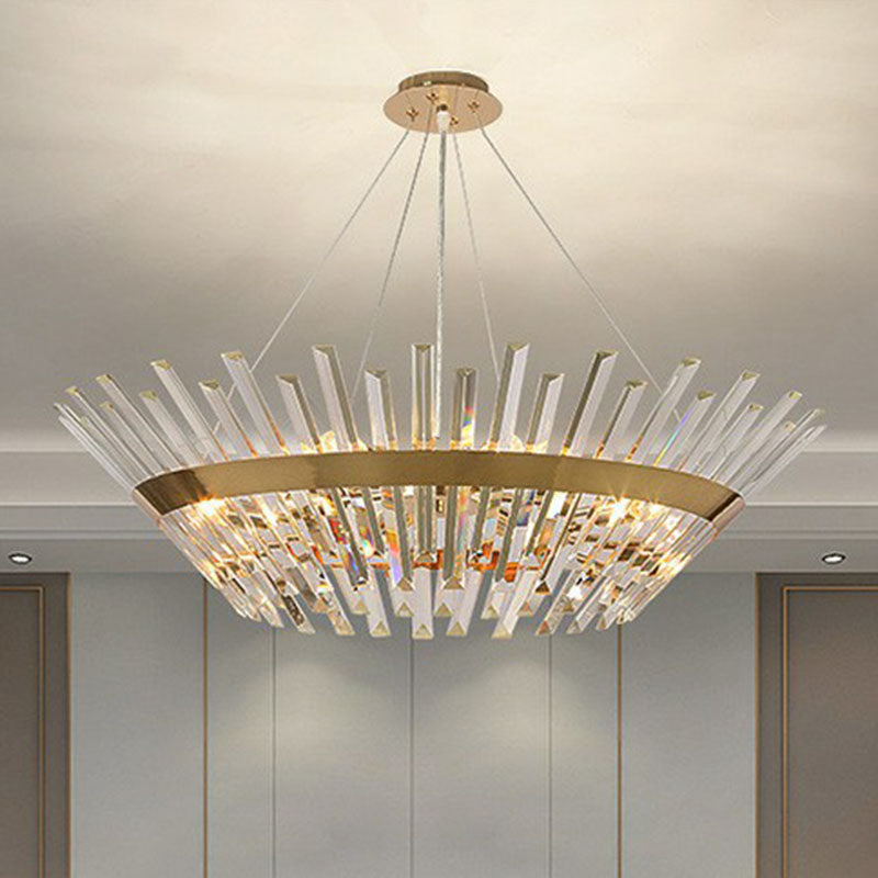 Minimalist Gold Tapered Chandelier With Crystal Prism - Living Room Pendant Light