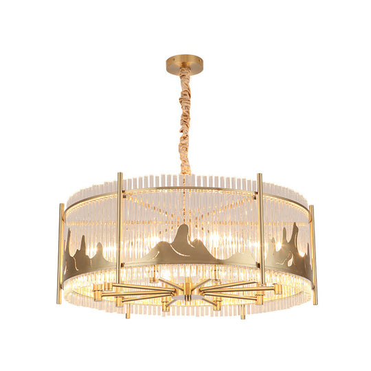 Traditional Round Chandelier: Prismatic Glass 10-Light Gold Ceiling Pendant With Mountain Pattern