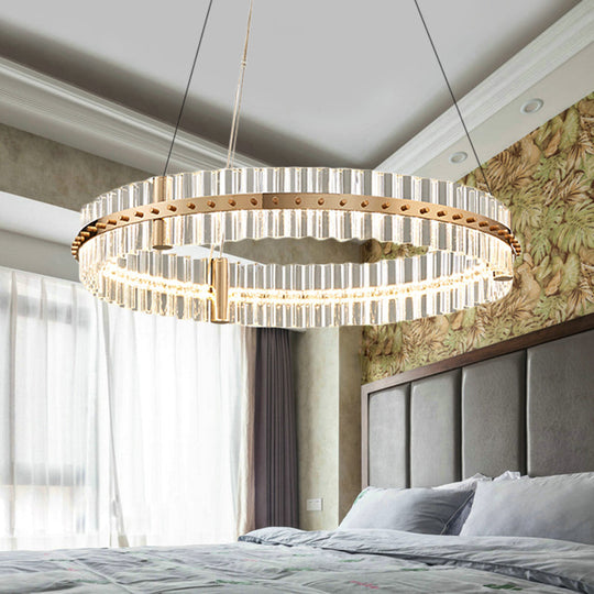 Golden Led Bedroom Pendant Light Kit With Minimalist Circular Clear Crystal Chandelier