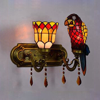 Parrot Wall Sconce: Lodge Style Stained Glass Lighting With Amber Crystal In Red/Blue