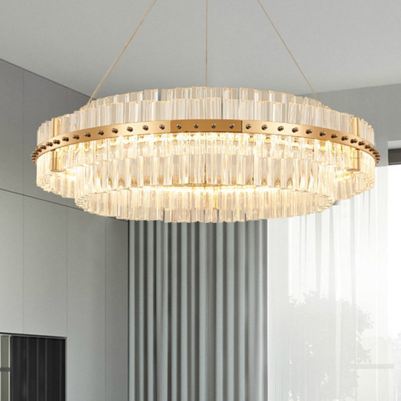 Contemporary Crystal Led Gold Chandelier - 19.5’’ Diameter 2-Tier Adjustable Hanging Cords