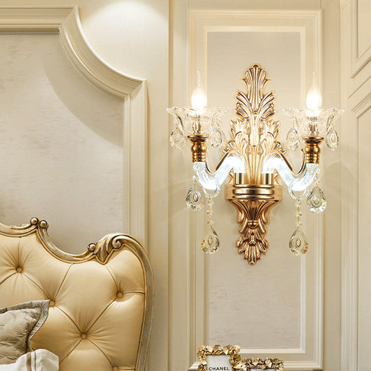 Modernist Style Floral Wall Sconce With Clear Crystal 1/2-Light Fixture - Gold Light For Living Room