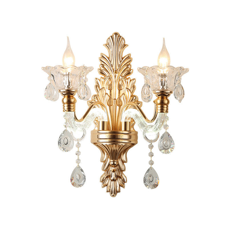 Modernist Style Floral Wall Sconce With Clear Crystal 1/2-Light Fixture - Gold Light For Living Room