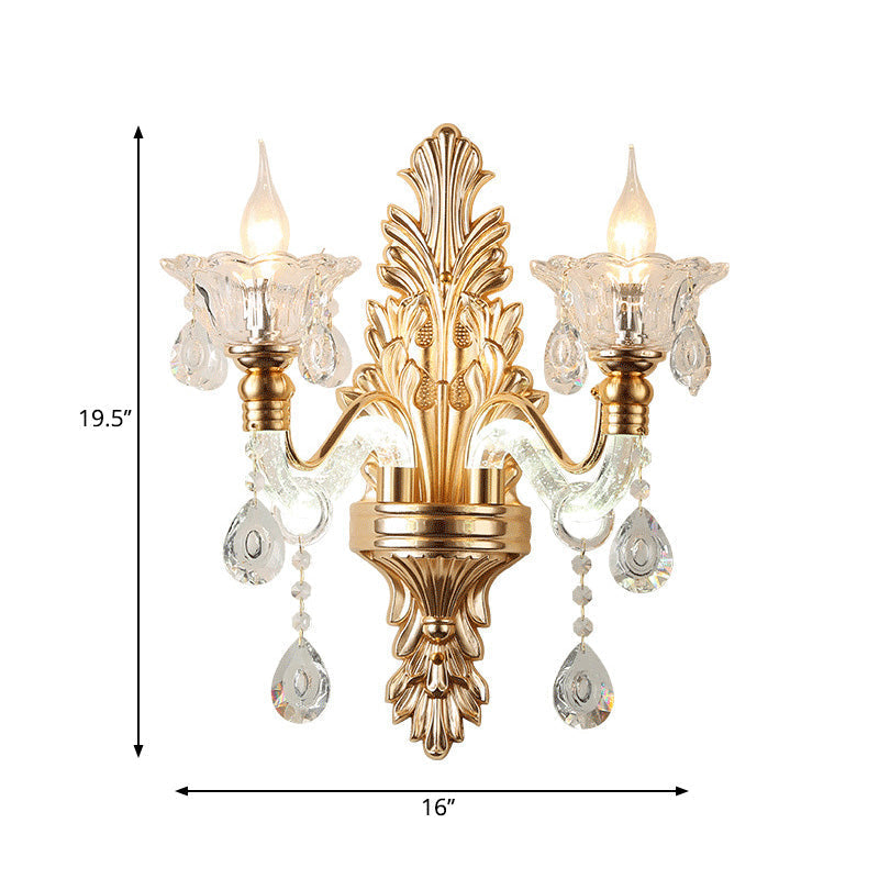 Modernist Style Floral Wall Sconce With Clear Crystal 1/2-Light Fixture - Gold Light For Living Room