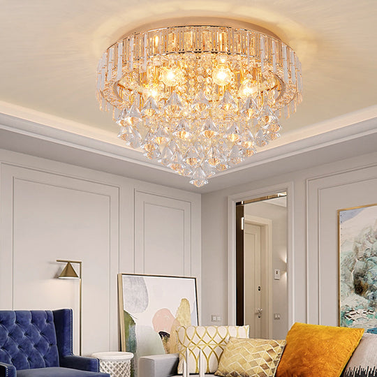 Contemporary Crystal Teardrops Flush Lamp - 5 Light Golden Ceiling Fixture For Living Room