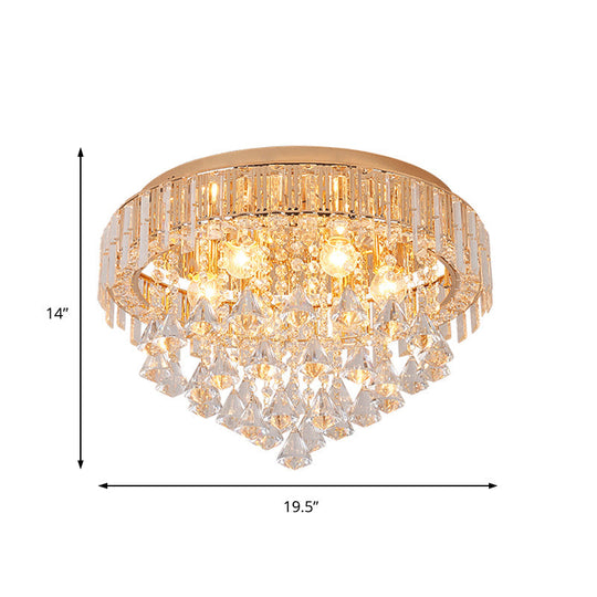 Contemporary Crystal Teardrops Flush Lamp - 5 Light Golden Ceiling Fixture For Living Room
