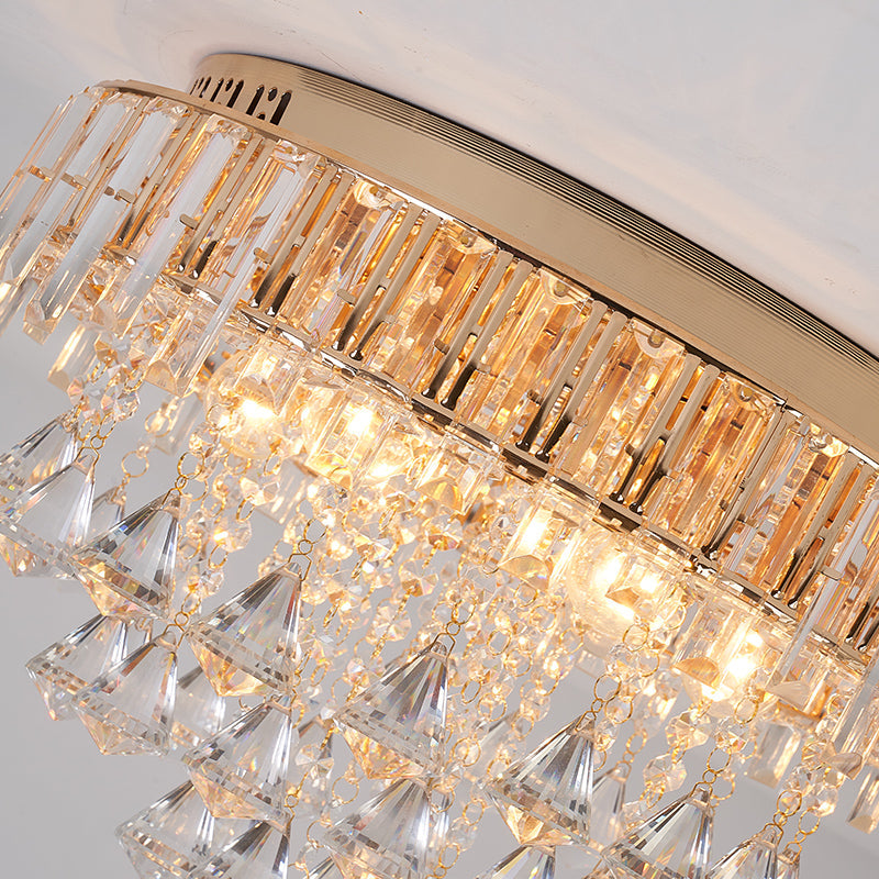 Contemporary Crystal Teardrops Flush Lamp - 5 Light Golden Ceiling Fixture For Living Room
