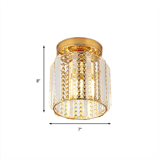 Cylindrical Crystal Mini Flush Lamp - Elegant 1-Light Golden Corridor Ceiling Mounted Light 7’ Wide