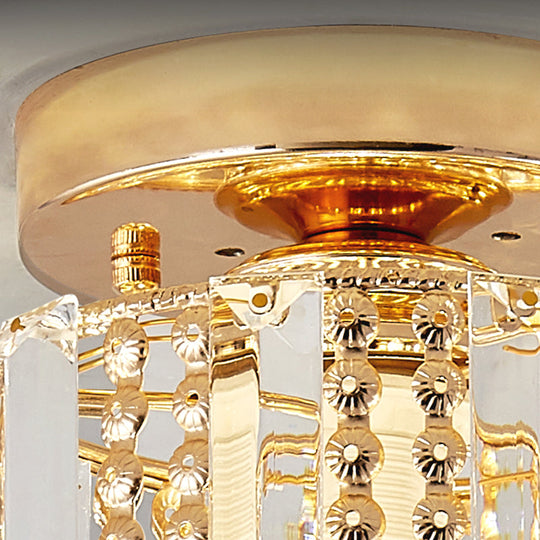 Cylindrical Crystal Mini Flush Lamp - Elegant 1-Light Golden Corridor Ceiling Mounted Light 7’ Wide