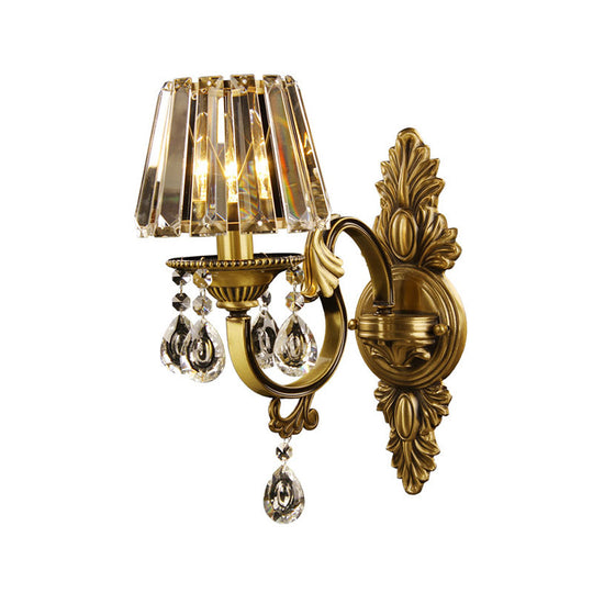 Contemporary Clear Crystal Conic Wall Sconce: 1-Bulb Black/Brass Finish Lighting For Corridor