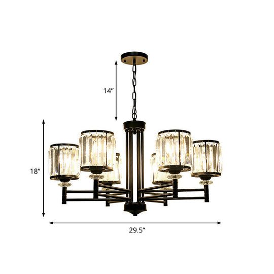 Retro Cylindrical Chandelier Pendant Light - Black Finish Crystal Accent Adjustable Chain 3/6/8