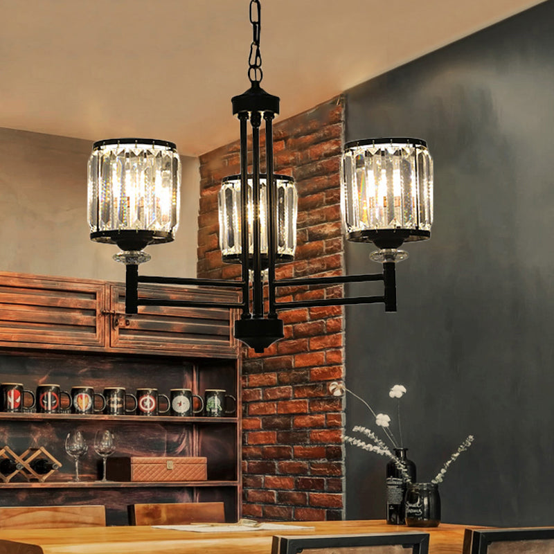Retro Cylindrical Chandelier Pendant Light - Black Finish Crystal Accent Adjustable Chain 3/6/8